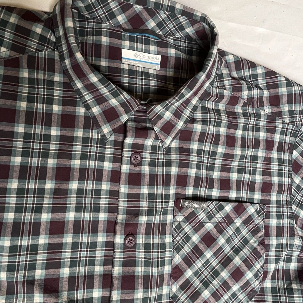 Columbia Shirt Mens L Purple Blue Plaid Button Up Lightweight Stretch Outdoors